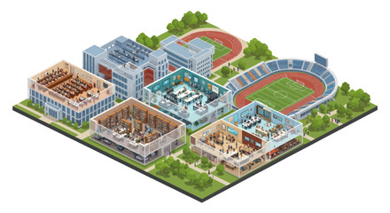 Fototapeta premium Isometric University Campus with Buildings, Stadium, Library, Classrooms, GYM