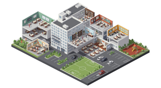 Isometric Office Building Complex with Modern Workspace, Parking, and Playground