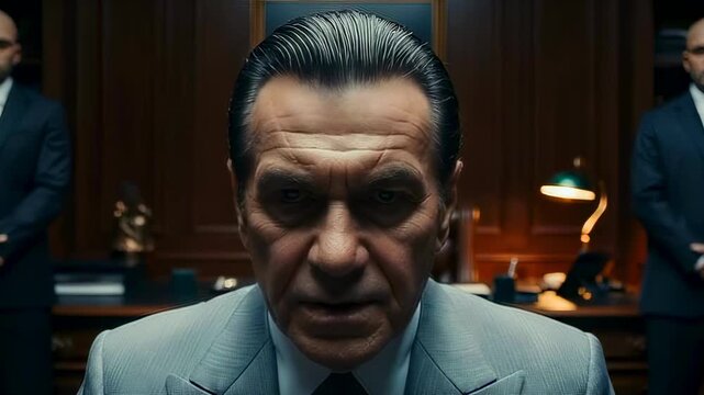 Mafia boss demands answers in tense confrontation. Close-up of stern crime leader in dark office, bodyguards standing behind, intimidation and authority atmosphere, organized crime power structure.