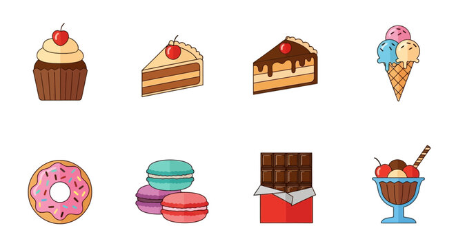 A collection of illustrated dessert graphics featuring various sweet treats for digital use
