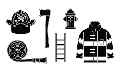Firefighter Equipment Tools Set Black White Vector Icons