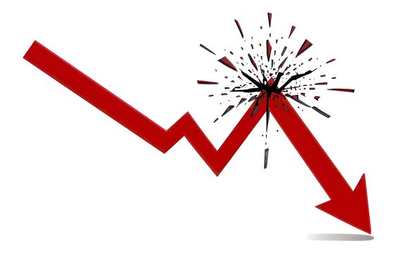 Red arrow plunges downward shattering at peaksymbolizing sharp