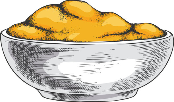 Bowl of Lucuma fruit powder vector sketch, hand drawn superfood, yellow eggfruit product, flour ground extract