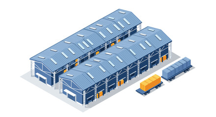 Isometric illustration of two large industrial warehouse buildings with loading docks and freight trailers parked outside.
