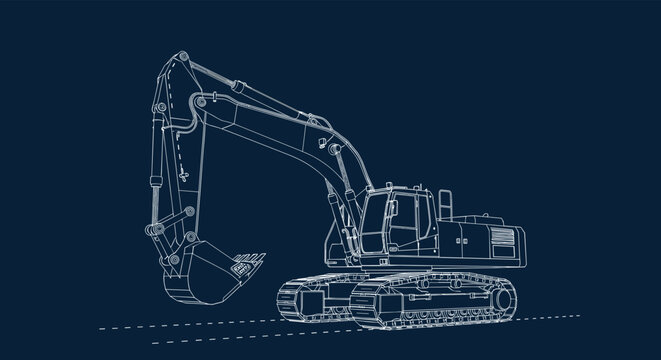 Technical wireframe blueprint drawing of a heavy construction excavator on a dark blue background, illustrating engineering design.
