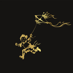 kite kid japanese chinese golden vector ink traditional asian design isolated