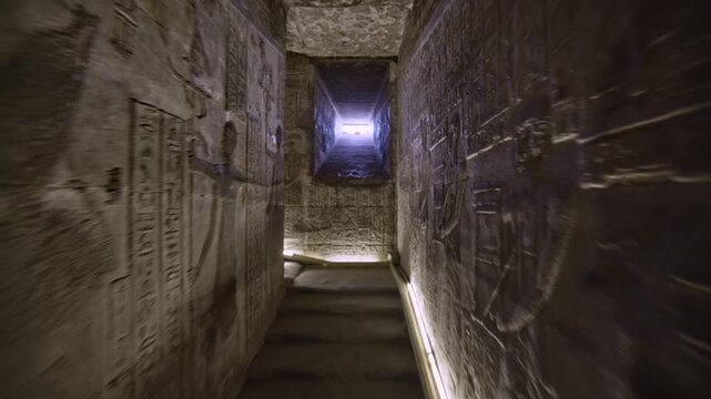 Dendera temple corridor with illuminated hieroglyphic walls and ritual reliefs in Egypt, ancient sacred chamber with dramatic lighting on carved sandstone surfaces.