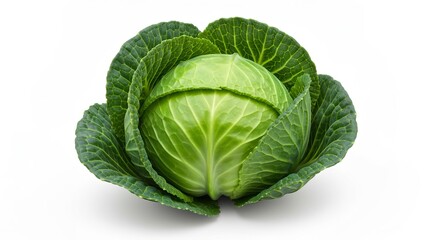 Obraz premium Fresh Green Cabbage on White Background, Nutrient-Rich Farm to Table Vegetable with Intricate Leaves