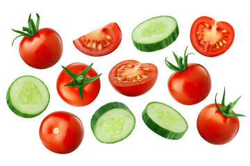 Cherry tomato, cucumber, slices isolated on white background, collection
