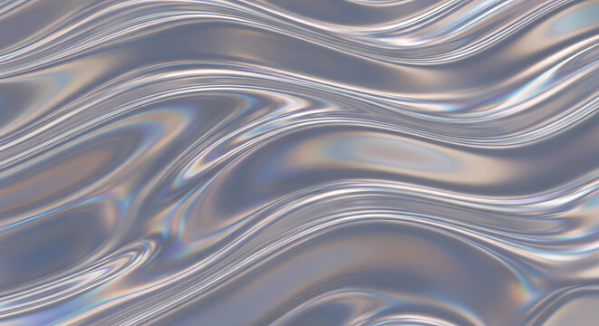 Smooth, wavy, iridescent metallic surface with subtle rainbow reflections, abstract background with elegant sheen
