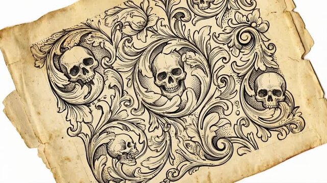 Hand drawn orange skulls on black concept. Vintage ornate skull pattern with intricate floral swirls on aged paper background for gothic design