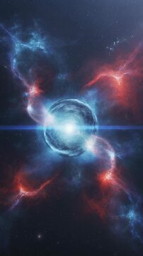 Cosmic explosion of merging neutron stars creating a kilonova and intense light bursts.