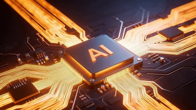 Futuristic AI chip with glowing 'AI' logo on advanced circuit board, symbolizing artificial intelligence, machine learning, and next-gen computing technology.