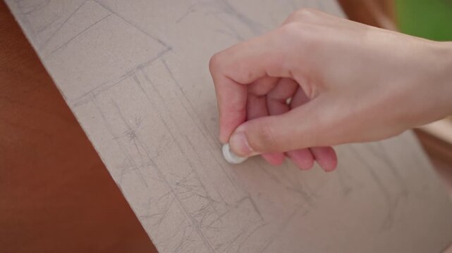 closeup hand erasing pencil sketch on canvas, outdoor easel, architectural outlines of city facade, soft morning light, patient correction, mindful creative process, street art sketching vibe