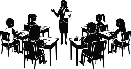 Black and white silhouette illustration, teacher holding paper, students desks, classroom learning, education concept, study environment, group activity, teaching scene, flavector