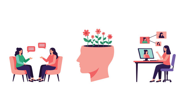 Counseling, Mental Health & Online Communication Flat Vector Illustration