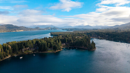 Fototapeta premium Aerial panoramic view of Puerto Manzano peninsula on Nahuel Huapi Lake in Villa La Angostura, Patagonia, Argentina.