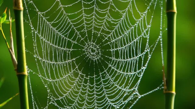 Spiderweb with water droplets between bamboo plants, nature background, close up shot