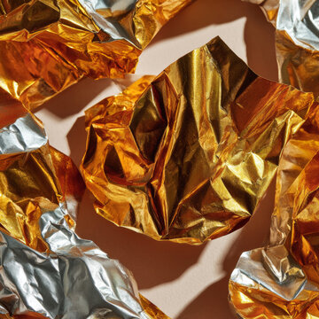 A crumpled piece of shiny gold foil with a reflective surface, catching the light and creating highlights on its uneven edges