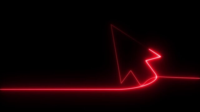 Neon line mouse cursor arrow on black background. Animated continuous one line drawing of a cursor arrow. Cursor. Mouse, pointer, click, button, website, user. Computer 4k animation video