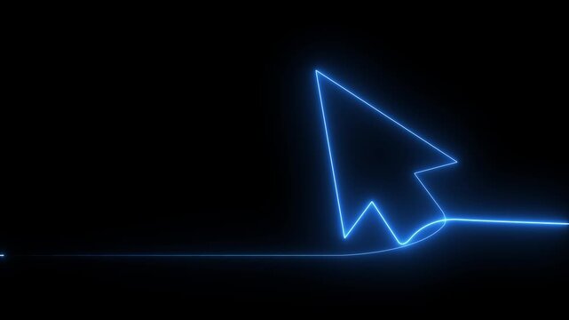 Neon line mouse cursor arrow on black background. Animated continuous one line drawing of a cursor arrow. Cursor. Mouse, pointer, click, button, website, user. Computer 4k animation video