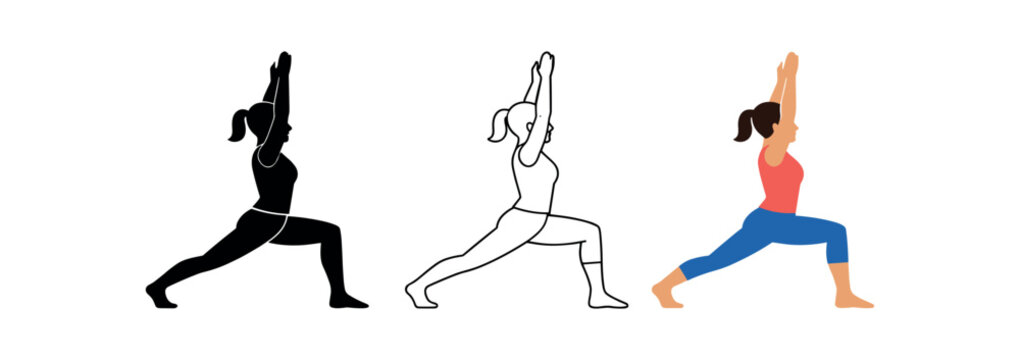 Woman warrior yoga pose for strength practice wellness and self care icon vector icon set three styles: black solid silhouette thin black outline and flat colored with solid fills. Clean