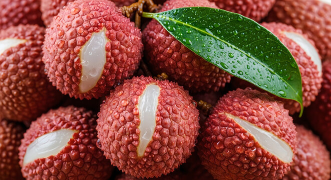 Fresh lychee fruit with green leaf and water drops, ripe tropical litchi berries with textured red skin, sweet exotic summer fruit macro photography