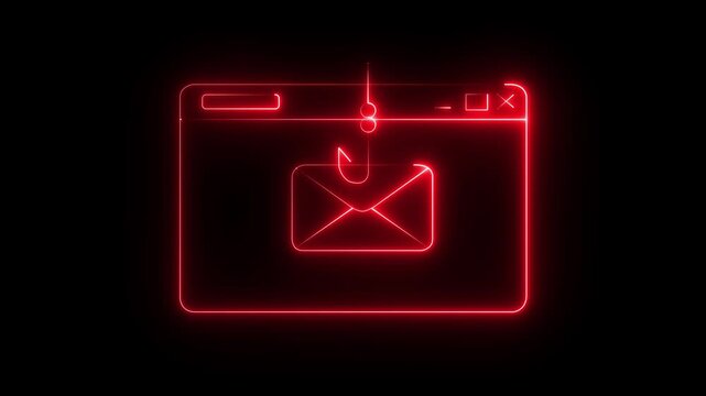 Neon Email Phishing Scam Icon Isolated on Black Background. Fishing hook stealing envelope from browser window. Concept of email phishing and email scams representing online fraud and cyber threats.