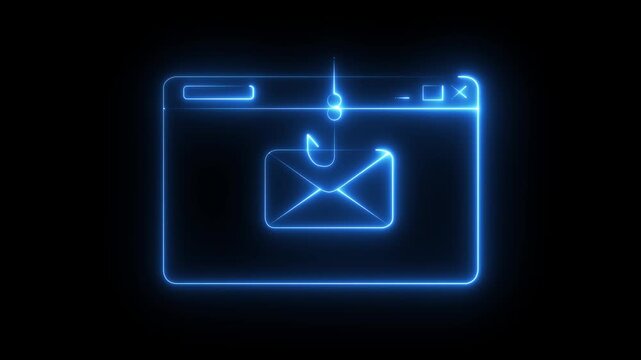 Neon Email Phishing Scam Icon Isolated on Black Background. Fishing hook stealing envelope from browser window. Concept of email phishing and email scams representing online fraud and cyber threats.