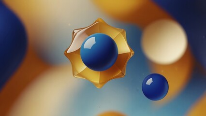 Geometric Abstract Composition of Blue Balls in an Elegant Transparent Gold Frame