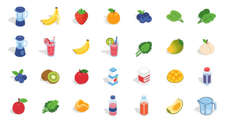 Fototapeta premium Healthy food and beverage illustration featuring smoothies, fruits, and vegetables isometric icons
