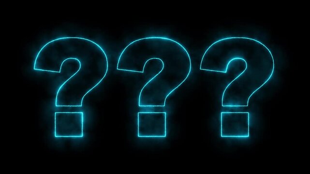 Flaming question marks burning with bright red and yellow fire on black background symbolizing uncertainty. motion graphics. of concept. 4k video