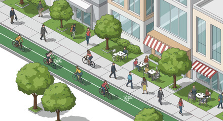 Urban Street Scene with Cyclists, Pedestrians, and Outdoor Cafe © Irman