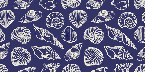 Seamless Mediterranean seashell pattern with scallop, conch and spiral shell illustrations in white on blue background. Coastal marine texture perfect for nautical, beach, summer and oceanic projects. © Danchenko