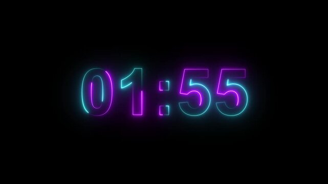 Glowing neon 2 minute Countdown. neon 2 to 1 minute Countdown timer on black background. neon Countdown timer from 2 minute to 1 minute suitable for presentations, educational. 4k video
