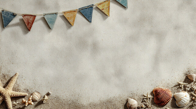 Seashells and Sand: A captivating beach scene, with delicate seashells and a starfish scattered on a bed of fine sand, creating a serene ambiance perfect for summer memories. 