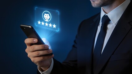 Man in suit using smartphone with rating icon