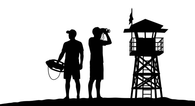 Two men standing beside a lifeguard tower on a beach