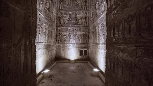 Dendera temple interior sanctuary with illuminated hieroglyphic walls and ritual reliefs in Egypt, ancient sacred chamber with dramatic lighting on carved sandstone surfaces.