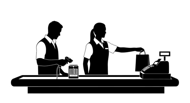 Two store clerks operating a cash register and handing a shopping bag