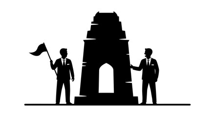 Obraz premium Two businessmen standing beside a large monument with one holding a flag