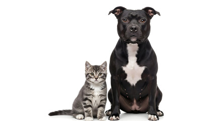 Obraz premium Portrait of a Cute Tabby Kitten and a Black Staffordshire Bull Terrier Sitting Together on a White Background