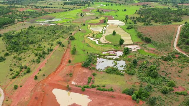 Drone shot of lush green rice paddies and farmlands in the Plaine des Jarres region, surrounded by rural landscape and scattered trees.