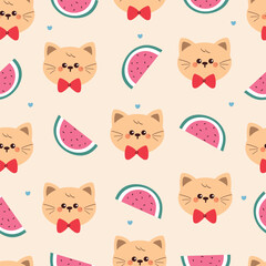 Fototapeta premium seamless pattern cute hand drawn cartoon cat and watermelon. animal background pattern