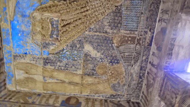 Ceiling relief inside the Dendera Temple Complex featuring ancient astronomical symbols and blue-painted carvings that reflect the sacred cosmic beliefs of Ancient Egypt.
