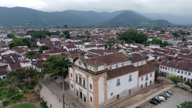 Old And Historic Church In Paraty Town In Brazil. - aerial shot