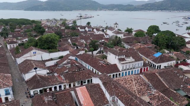 Well-preserved Houses, Church And Buildings In Paraty, Brazil. - aerial shot