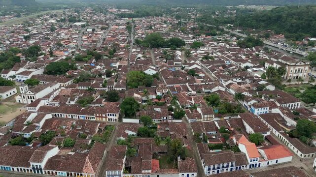 Preserved Houses And Buildings In Paraty In Rio de Janeiro, Brazil. - aerial shot