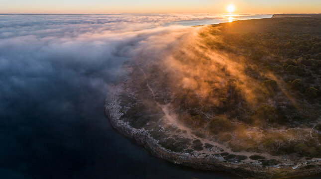 Beltr&aacute;n cove and the coast of Cala Pi covered by fog, llucmajor, Mallorca, Balearic Islands, Spain