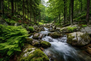 Obraz premium Forest stream flowing over mossy rocks through lush greenery